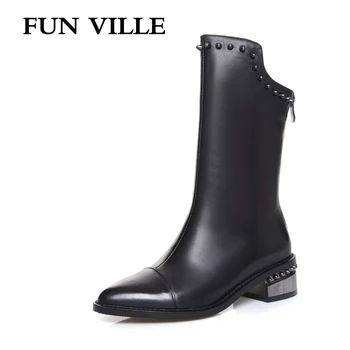 

FUN VILLE 2017 New fashion Elegant style Women Mid-calf Boots Genuine leather Square lady botas Shoes Pointed Toe size 34-43