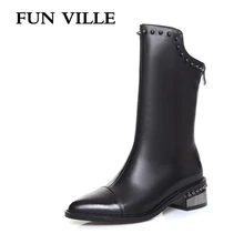 FUN VILLE 2017 New fashion Elegant style Women Mid-calf Boots Genuine leather Square lady botas Shoes Pointed Toe size 34-43