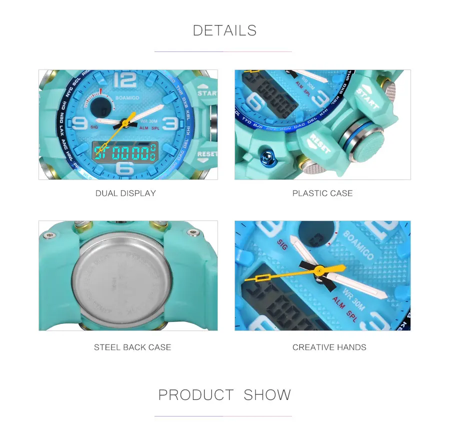 Бренд BOAMIGO, женские спортивные часы, многофункциональные часы с двойным дисплеем, модные цифровые наручные часы, водонепроницаемые, Relogio Feminino