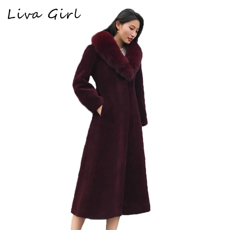 2017 New Women Shorn Sheepskin Coat Winter Big Fox Fur Collar Long