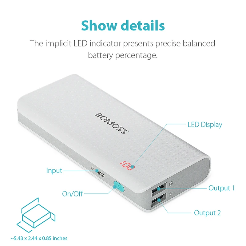 10400mAh ROMOSS Sense 4 LED Power Bank 2.1A Charging External Battery Packs Dual USB Output Portable Charger For Phones Table