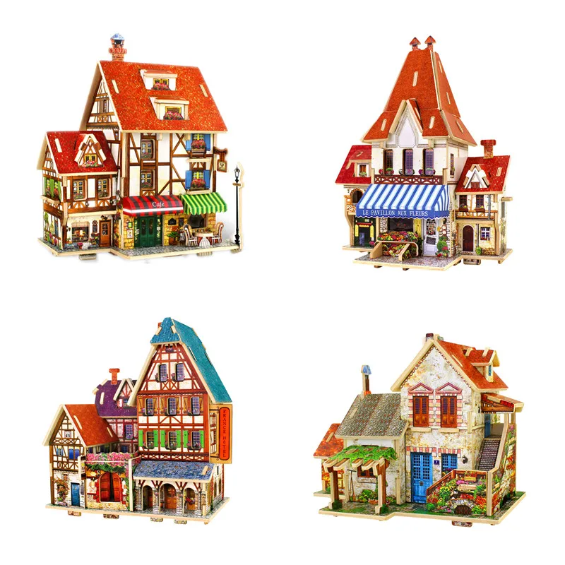 

Creative 3D Wooden Puzzle Jigsaws of France Style House Wood 3D Mini DIY House Colorful Model Kits for Kids Educational Toys