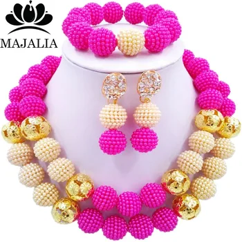 

Majalia Fashion Hot pink and Beige Lady Nigerian Wedding African Jewelry Set Plastic Beads Bride Jewelry Sets 2QW052