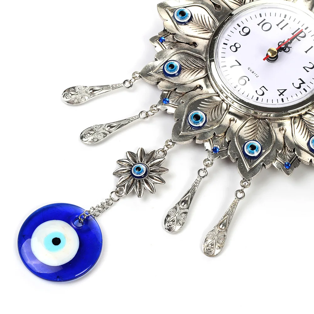35 cm Turkish Nazar Glass Evil Eye Wall Clock Hanging Charm &Home Decor Peacock Tail Decoration
