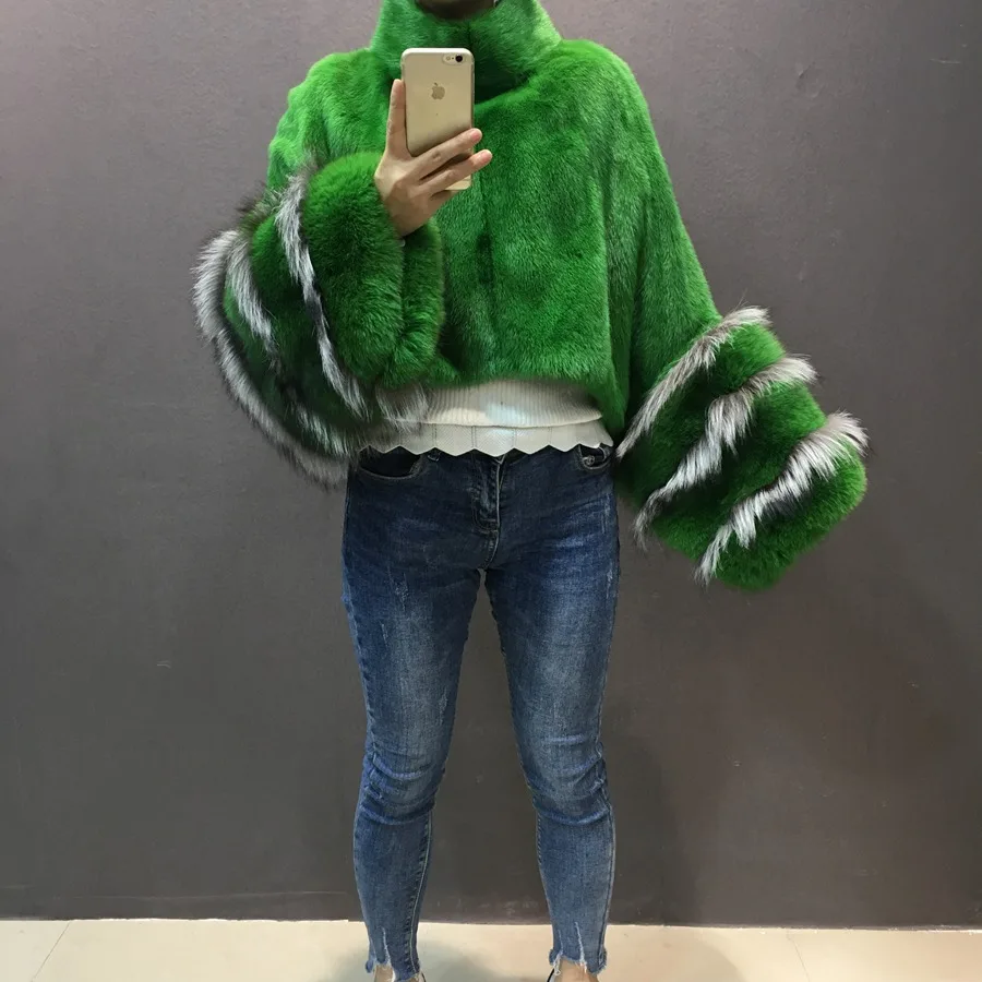 100% natural mink fur poncho with fox fur sleeve (1)