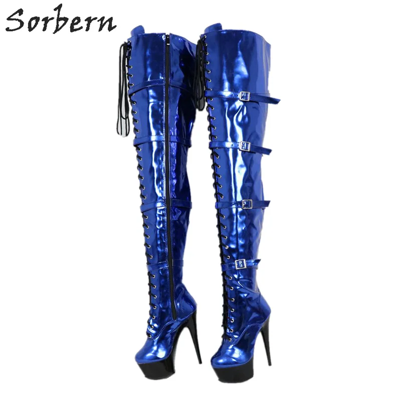 Sorbern/сапоги Королевского синего цвета с металлическим украшением; сапоги до бедра с широким голенищем для стриптиза; женская обувь на толстом каблуке; Размер 12