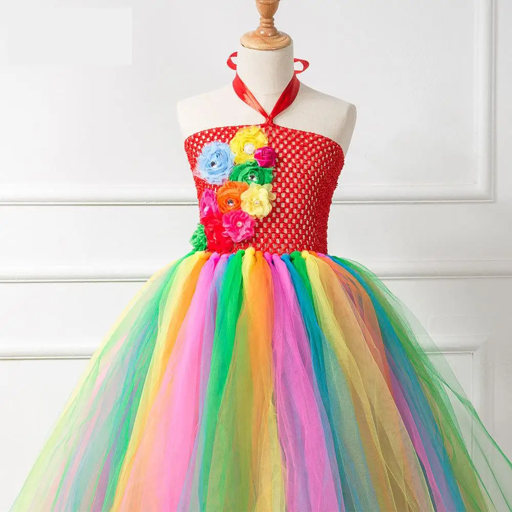 Girls Rainbow Unicorn Tutu Dress Costume Kids Birthday Shiny Mesh Outfits Party