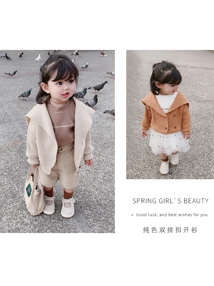 

New Girls Soft Knit Cardigan Hooded Sweater Spring Outing Outfit Big Suqare Collar Infant Toddler Baby Sweaters Children Clothes