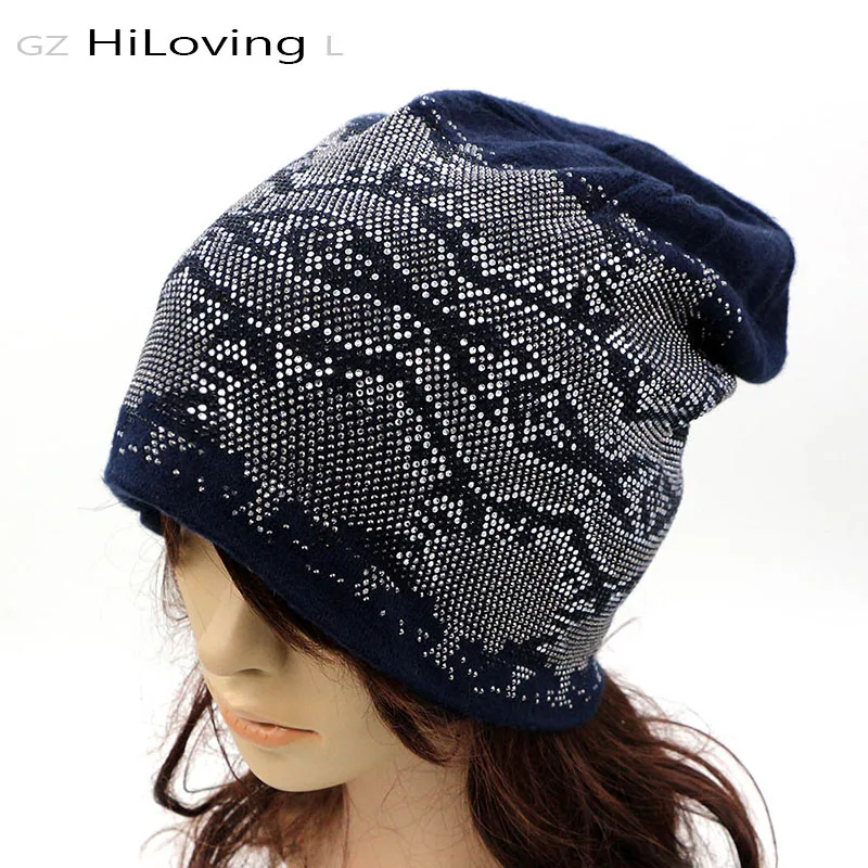 High Quality Winter Rhinestone Beanie Hat For Women Ladies Autumn Winter Soft Cotton Long Slouch