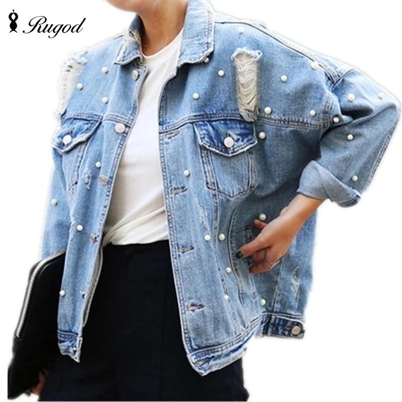 

Pearls Beading Ripped Denim Jacket Women Single Breasted Vintage Spring Jean Jackets and Coats Plus Size Casual Jaqueta Jeans