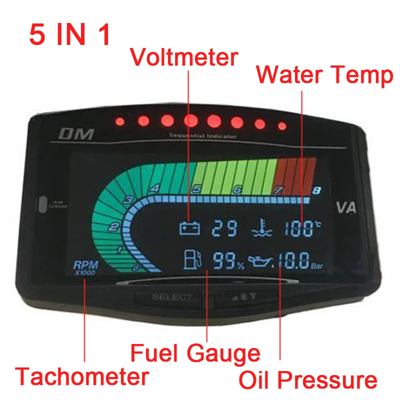 

5 Function 12v/24v Truck Car Sensor Oil Pressure Gauge + Volt Voltmeter + Water Temperature Gauge +Fuel Gauge + Tachometer