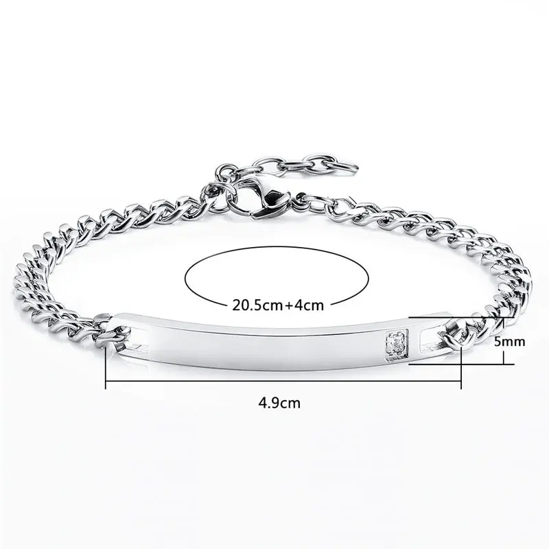 V.YA Personalized Name Stainless Steel Bracelets For Women Men ID Bracelets Inset Zircon Stone Lover Couple Jewelry Bangles Gift