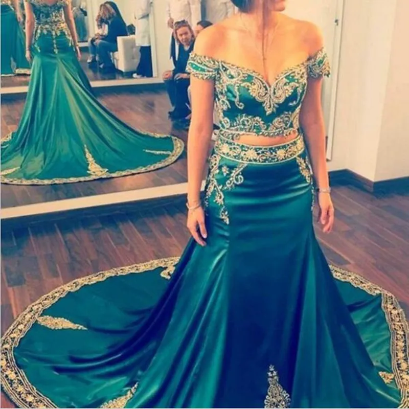 

Two Piece Set Dark Green Short Sleeves Arabic Evening Gown Gold Embroidery Formal Wedding Party Dress Vestido Longo De Festa