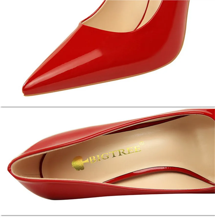 Модные женские туфли-лодочки из лакированной кожи в Корейском стиле; женские офисные туфли на высоком каблуке с закрытым носком; выразительные женские красные свадебные туфли с острым носком