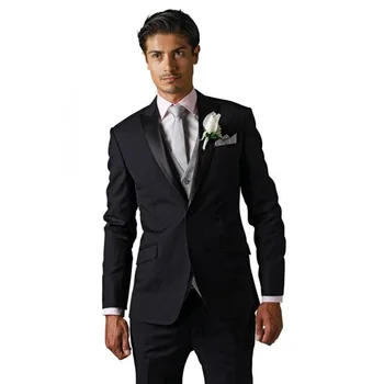 

Two Button Black Groom Tuxedos Peak Satin Lapel Best man Groomsman Men Wedding Suits Bridegroom (Jacket+Pants+Vest)