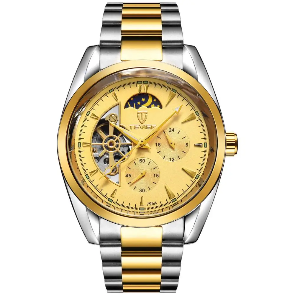 TEVISE автоматические часы для мужчин Tourbillon хронограф Moon Phase из нержавеющей стали водонепроницаемые Авто Дата для мужчин Роскошные Механические Relogio - Цвет: mix gold
