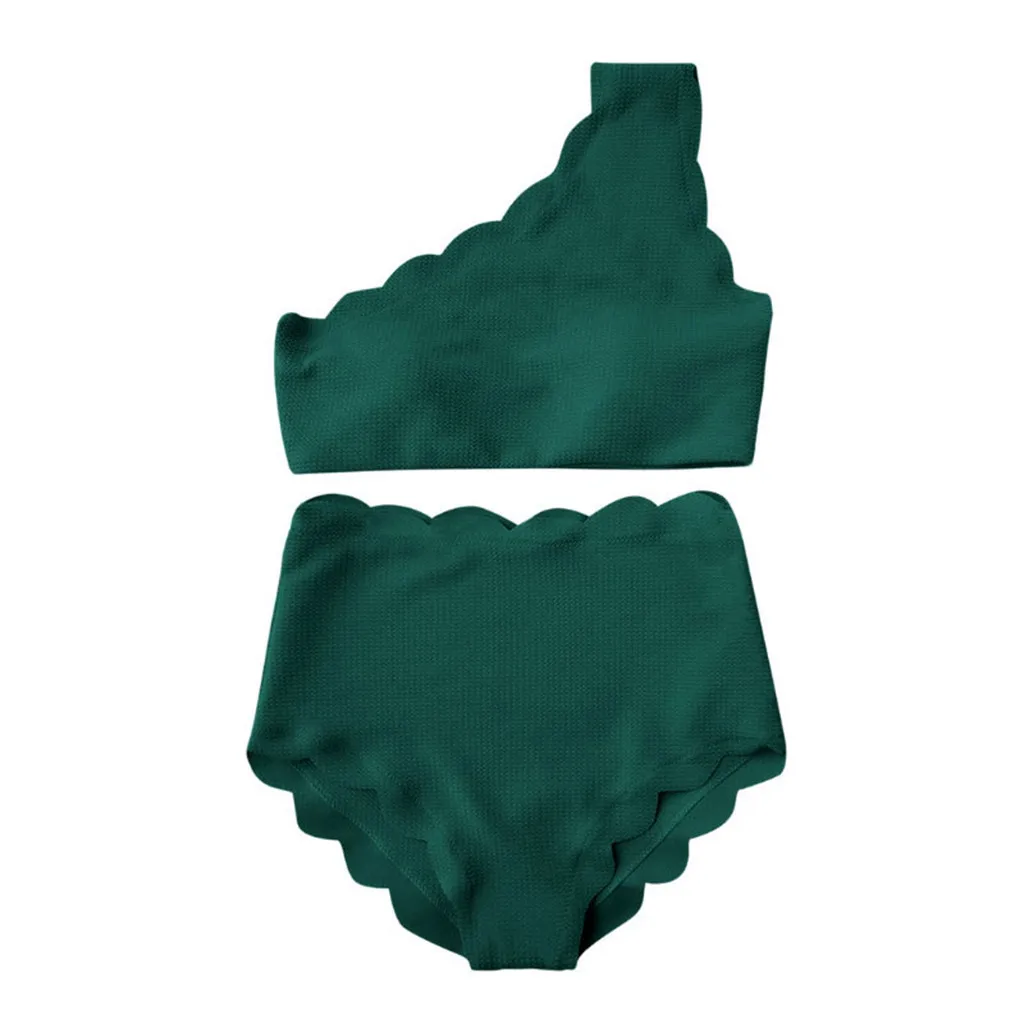 

2019 Ladies Vintage High Waist Swimsuit Two Pieces Scalloped Trim One Shoulder Bikini Hot Summer Suits Irregular Beachwear #Zer