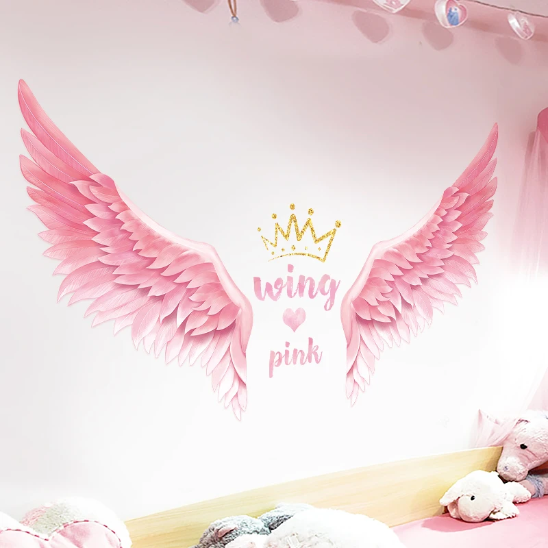 Girl Heart Pink Feather Wings Wall Sticker Bedroom Dormitory Room Creative Decorative Stickers Self-adhesive 3d effect decals