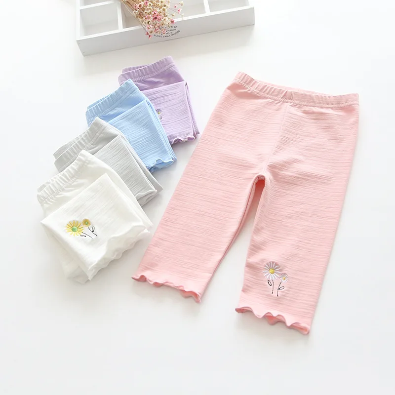Яркие однотонные узкие длинные брюки-карандаш с цветочным принтом, модные хлопковые новые весенне-летние детские штаны с вышивкой подсолнуха для девочек