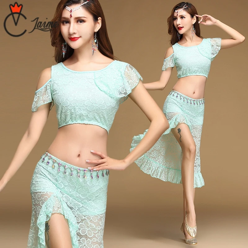 

Women Belly Dancing Clothes Floral sexy Lace Top and High slit irregular Skirt(with underpant) Belly dance for Girls