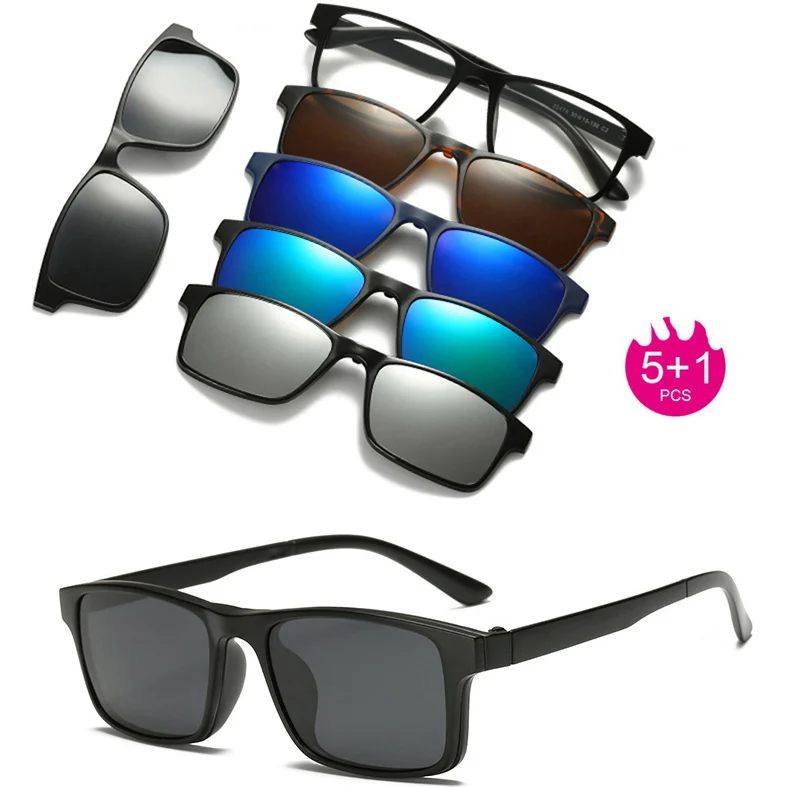

RuoWangs Spectacle Frame Eyeglasses Men Women With 5 clip on Polarized Sunglasses Magnetic Adsorbent For Male Eye Glasses clip 5