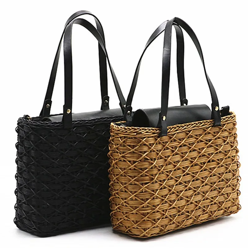 New black camel straw bag natural rattan shoulder bag beach handbags