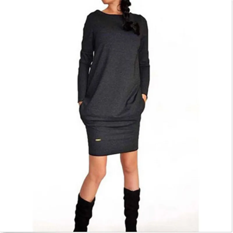 

2017 Autumn Dresses Fashion Women Long Sleeve O-Neck Casual Pocket Dress Plus Size Mini Solid Dress