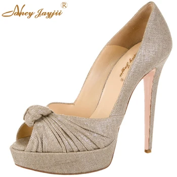 

Grey Fashion Metallic Canvas Pleated Peep Toe Women Shoes High Heels Pumps With Knot Adornment At Tops For Special Occasion 4-16
