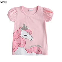 Dxton/футболка для девочек с единорогом; коллекция года; летние детские футболки с короткими рукавами для маленьких девочек; топы с блестками и рисунком; хлопковая детская одежда; S3970 Mix