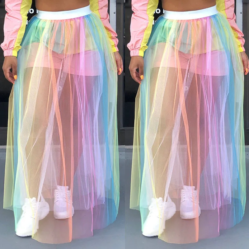 Сексуальная сетчатая прозрачная разноцветная Женская юбка из тюля летняя плиссированная Макси-юбка с высокой талией Женская Повседневная Длинная юбка в пол