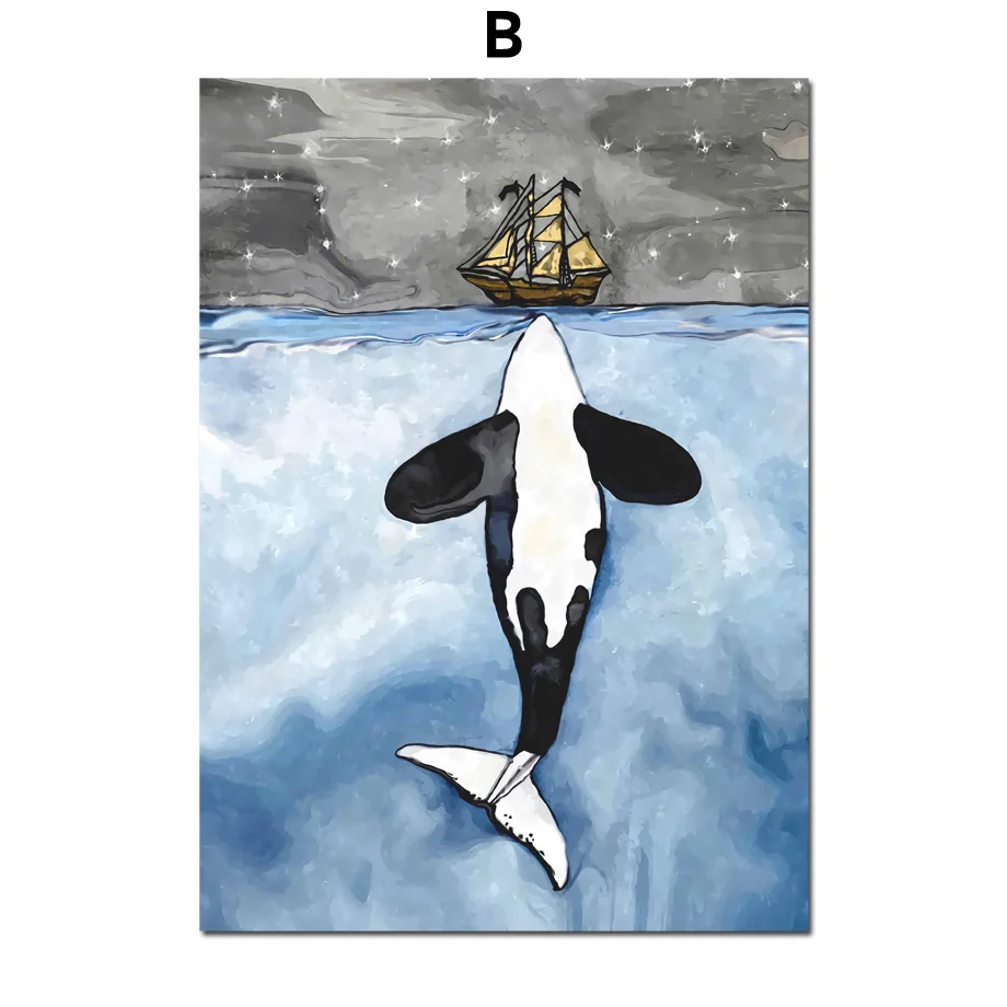 Мультфильм акварель синий кит Акула Лодка на стену искусство холст живопись скандинавские плакаты и принты настенные картины для декора гостиной - Цвет: B