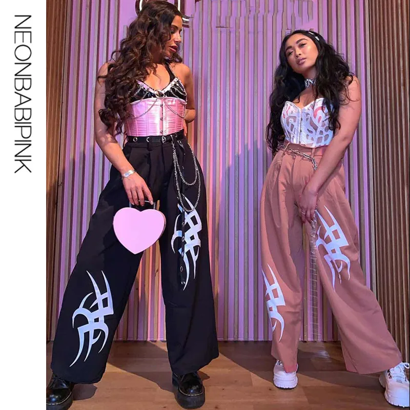 NEONBABIPINK Высокая талия широкие брюки женские Harajuku уличная розовый черный
