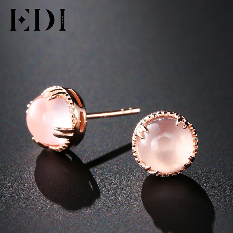 EDI 7mm Natural Round Rose Quartz Earrings 100% 925 Sterling Silver Stud Earrings For Women Fine Jewelry Simple Design Girl Gift