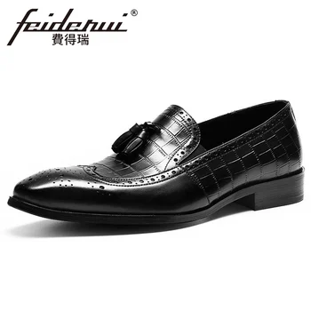 

Italian Style Genuine Leather Men's Carved Loafers Pointed Toe Man Slip on Loafers Formal Dress Handmade Brogue Shoes FHS131