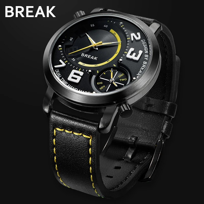 BREAK Men Dual Quartz Movement Watches Fashion Casual Man Leather Watch Sport Simple Multiple Time Zone Male Wristwatches 3023