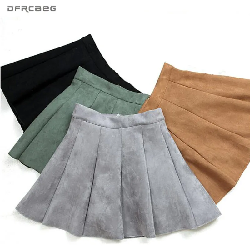 

4 Colors 2019 Autumn Winter Women Mini Pleated Skirt Suede Solid High Waist School Girls A-Line Saia Female Short Skater Skirts