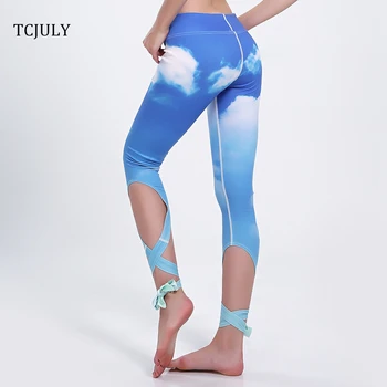 

TCJULY Blue Sky Cloud Print Women's Dance Leggings High Waist Skinny Push Up Ankle Length Pants Quick Dry Stretch Fitness Legins