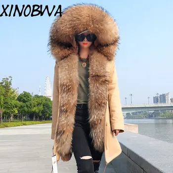 

Women Winter High Fashion Super Large Raccoon Fur Collar Removable Faux Fur Liner Overcoats Female Thick Warm Jackets Parkas