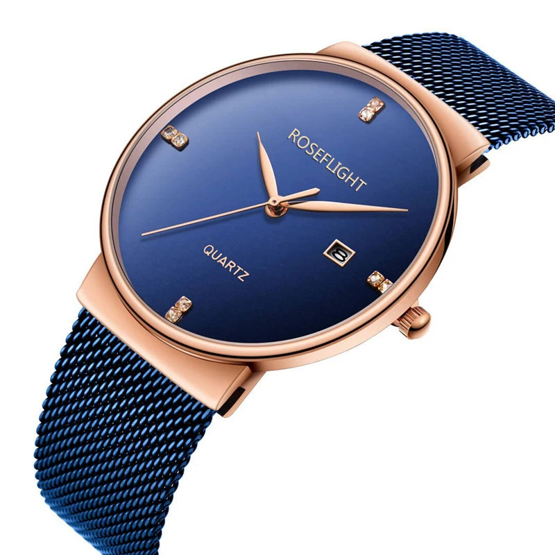 

2018 Top Brand ROSEFLIGHT Fashion Alloy Belt Mesh Watch Unisex women's watches Quartz Stainless Watches for women Couple watch