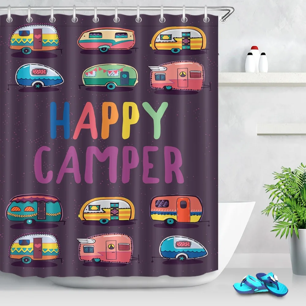 Happy Camper Shower Curtain Camping Bus Modern Bath Waterproof