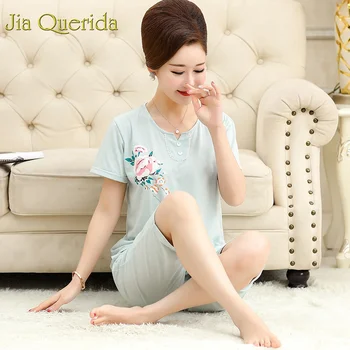 

Floral Printing Solid Women Night Shorts 2019 New Cotton 2pcs Pj Set Mid-aged Ladies Plus Size Grace Sleeping Shorts Pajamas Set