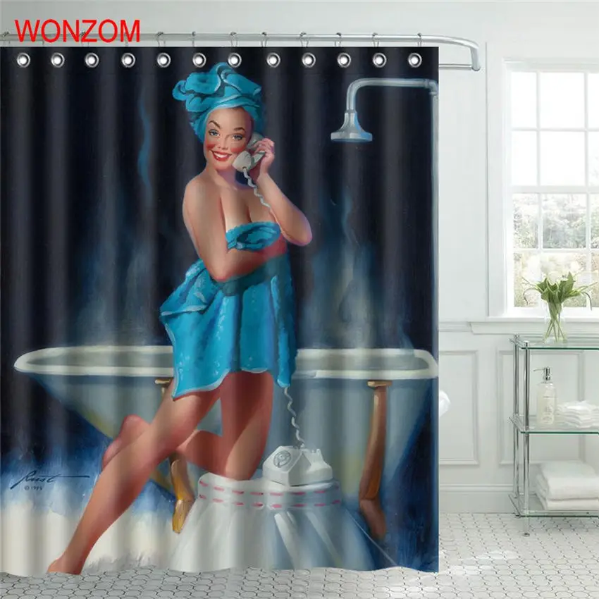 WONZOM девушка вызов занавеска для душа ткань Ванная комната декор украшения Cortina De Bano полиэстер Ванна занавеска с крючками