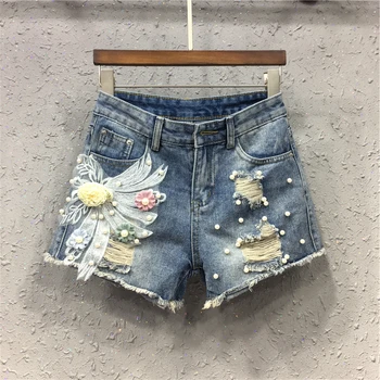 

Summer New High Waist Denim Shorts Women Basic Fashion Beading Embroidery Flower Casual Loose Plus Size Hole Jeans Ladies D2091