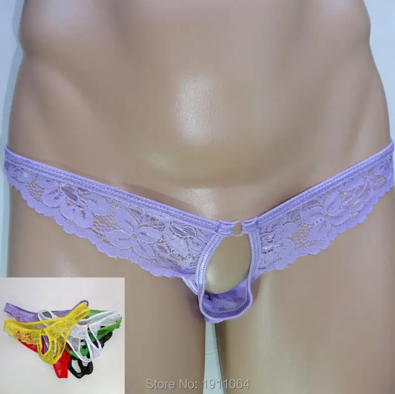 Mens Open Front Pouch Thong G7339 Japanese Style Floral Lace C-thru Mesh |