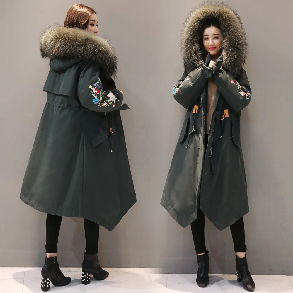 2018 Winter Jackets Women Embroidery Coats Big fur collar Hooded Down Jacket Warm Long Parka Women Thicken Cotton Jackets 1857