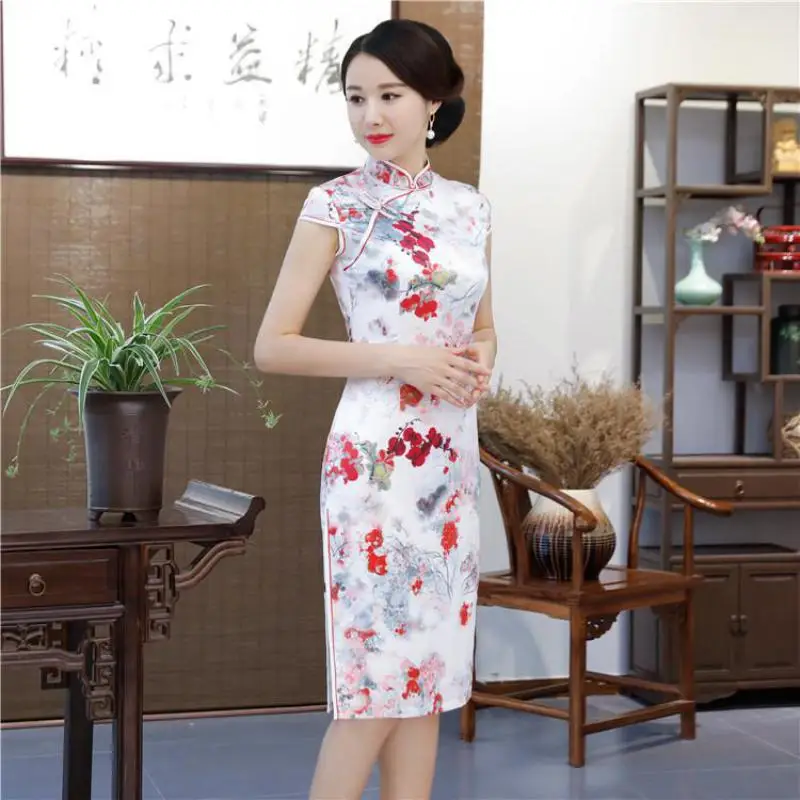 Новое поступление, сексуальное тонкое женское платье Чонсам с цветочным рисунком, женское винтажное китайское платье с