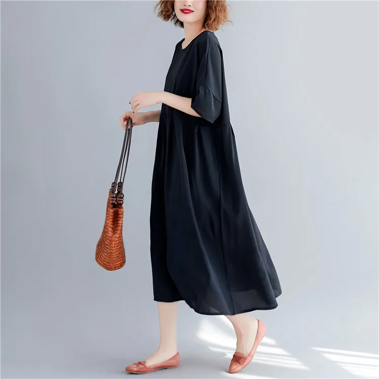 BelineRosa Simple Casual Black Color Dress in Big Sizes High Waist Loose Style Women Dress Cotton Linen Natural CLothesBSDM0250