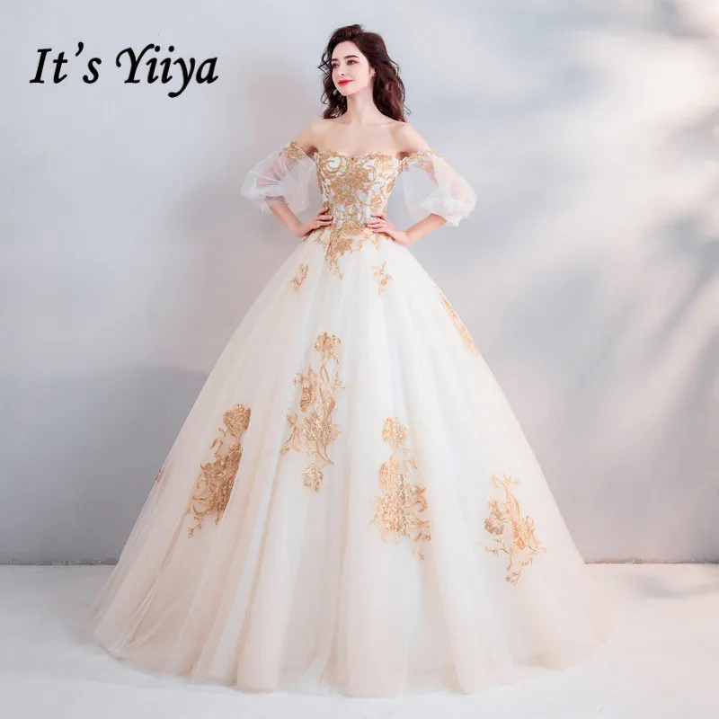 Это YiiYa свадебные бальные платья вышивка beadindg с украшением в виде кристаллов длинный рукав платья невесты с цветами расшитое золотистым кружевом длинное свадебное платье E151 - Цвет: as picture