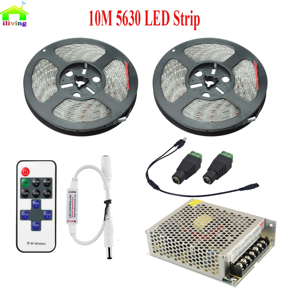 

10M 5M 5630 5730 Cool White IP65 Waterproof LED Strip Kit High Lumen DC12V Flexible Tape Light Mini Dimmer AC/DC Power Supply