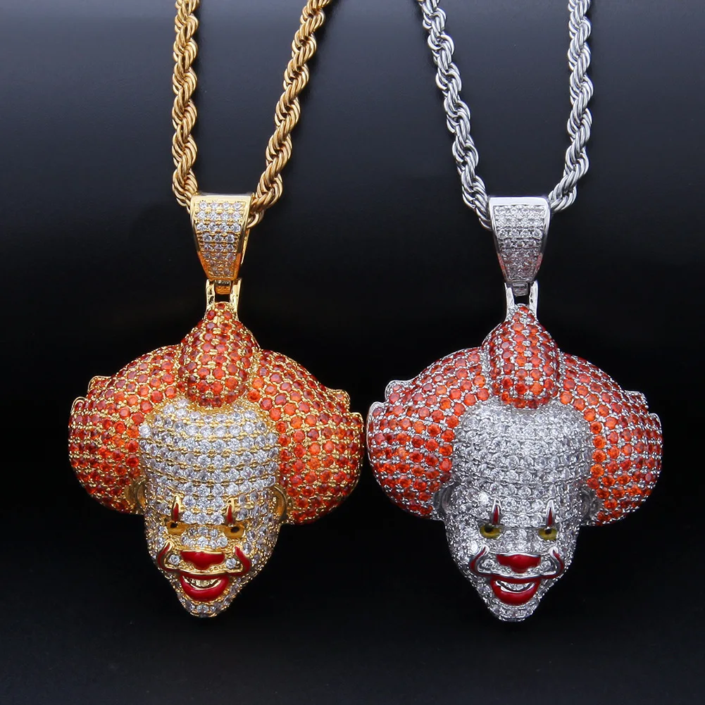 

Gold Bling Joker Pendant Long Chain Hip Hop Necklace for Man Women Fashion Jewelry Silver Chain Bling Zircon Stone